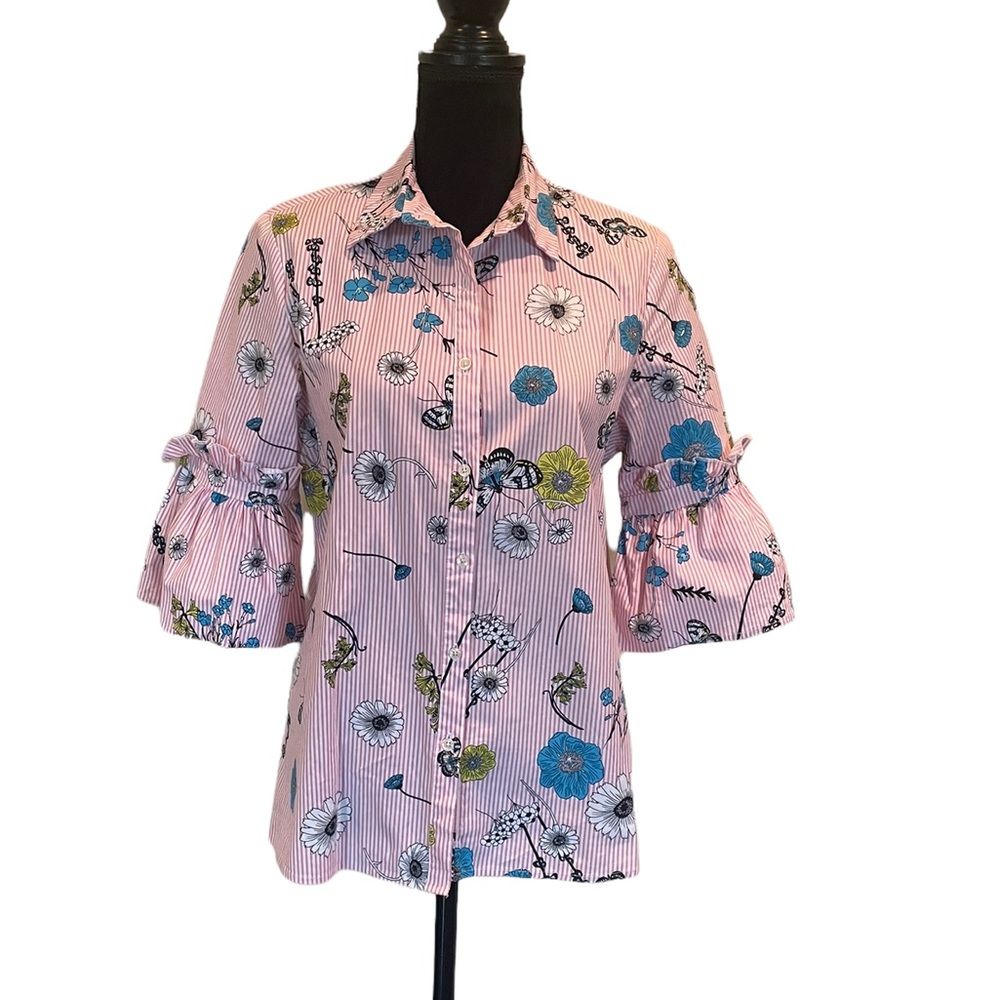 Silent Chaos floral striped 3/4 sleeve button front blouse shirt size medium